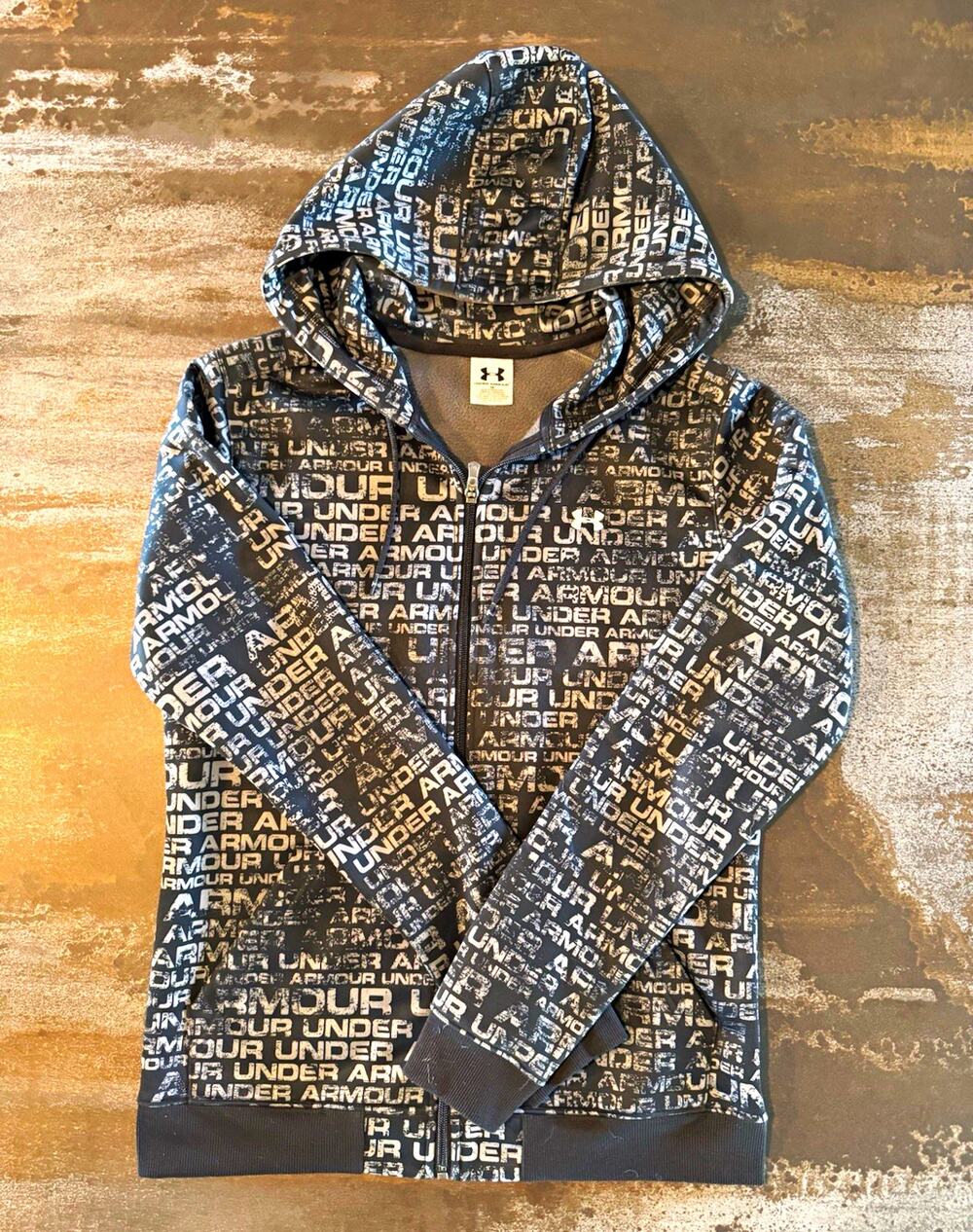 Under Armour Full Zip Hooded Fleece Hoodie Logo Print Black/Gray